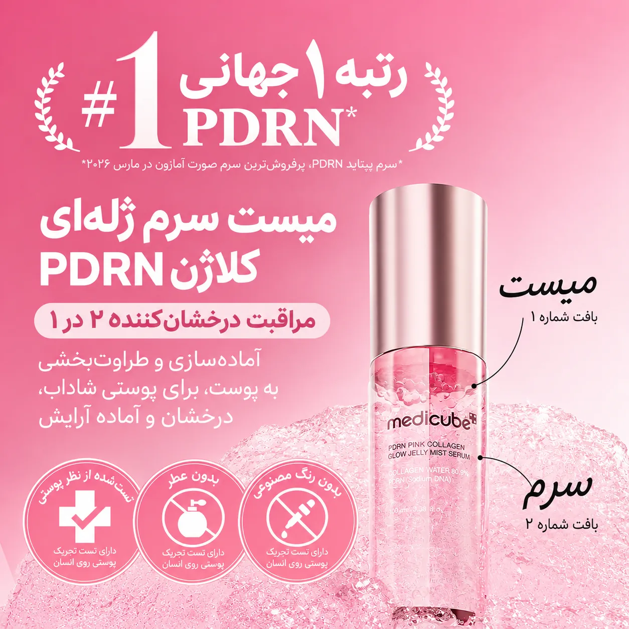 بطری میست سرم ژلی PDRN و کلاژن مدیکیوب با درپوش رزگلد، در پوستر تبلیغاتی صورتی